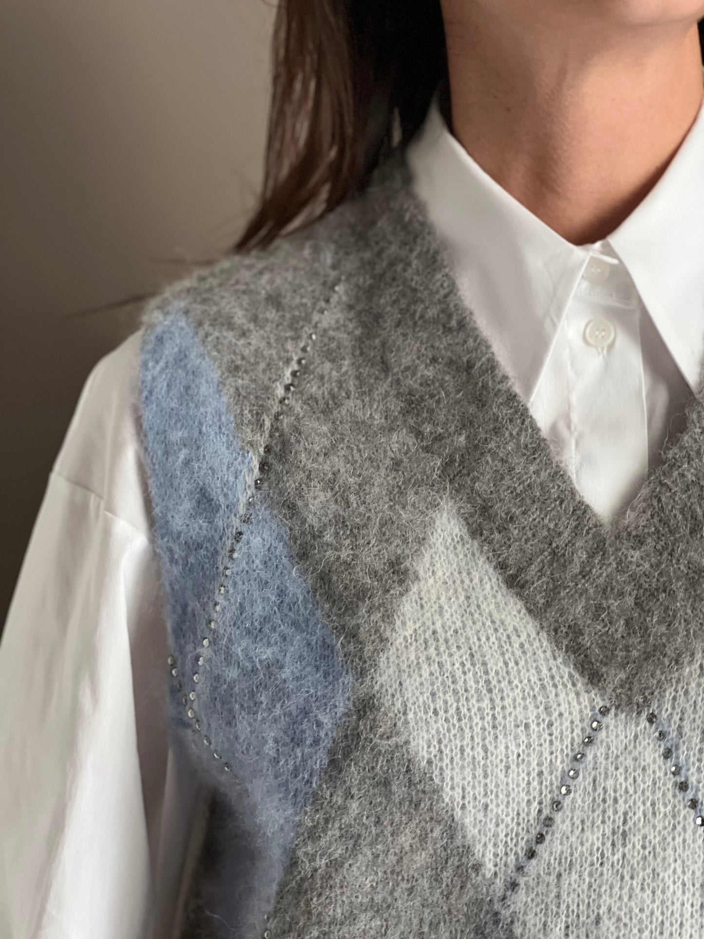 Gilet Oversize in Alpaca e Lana con Motivo Losanghe e Strass