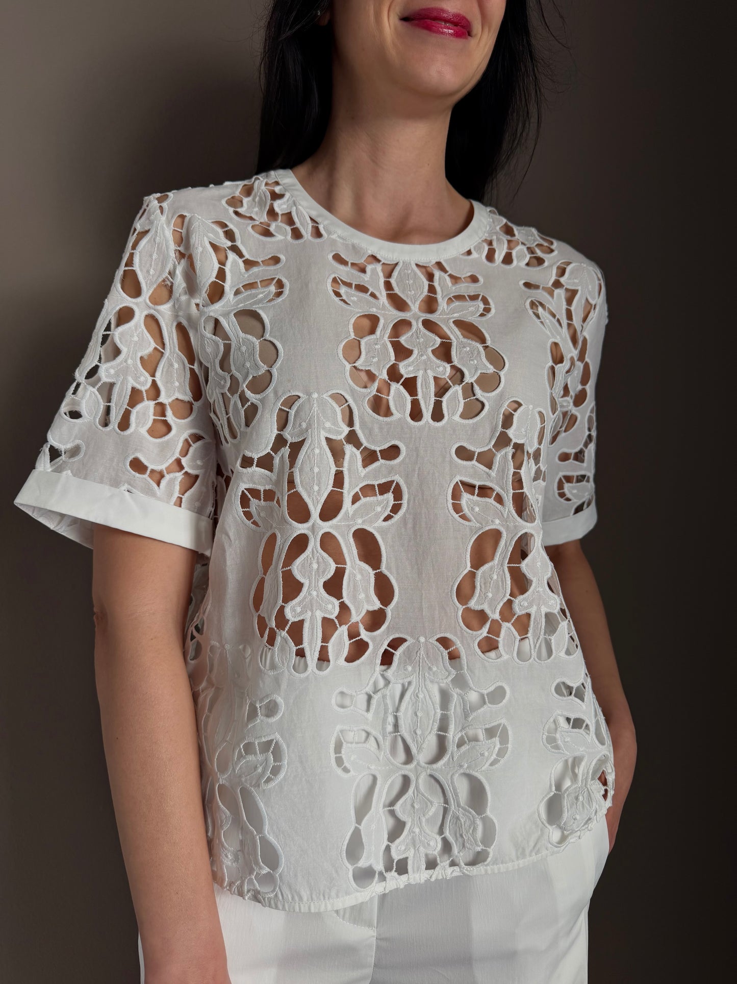 Blusa in macrame’ e tencel bianca