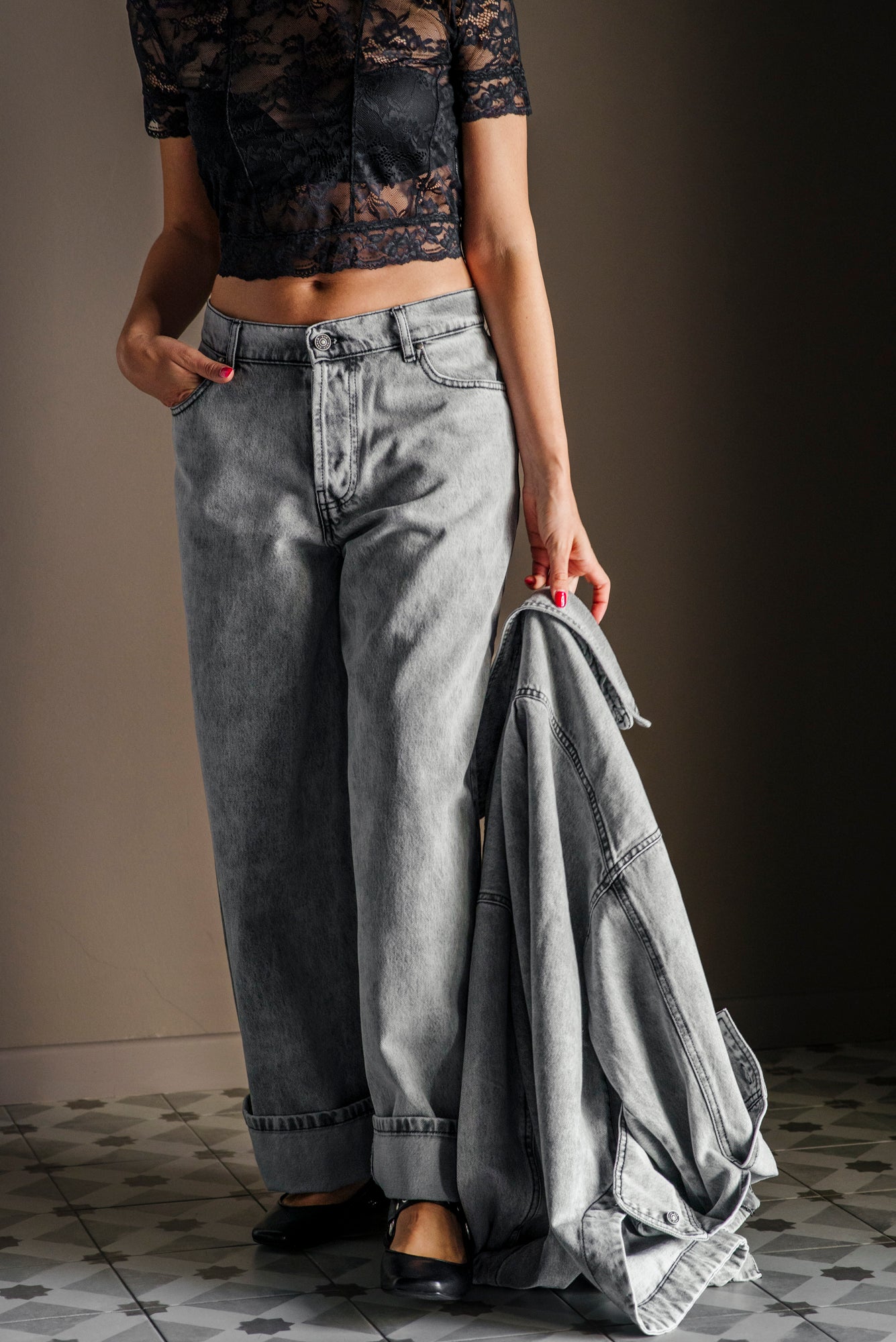 Pantalone denim grigio over