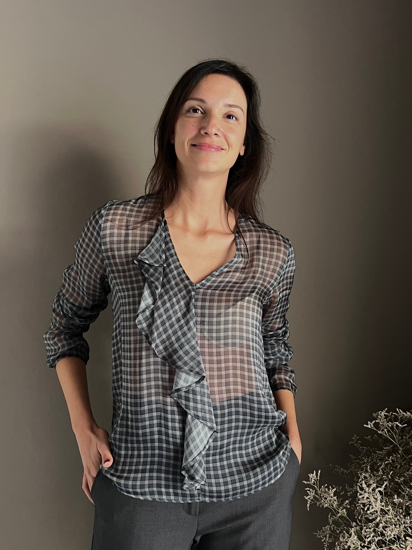Camicia in seta e viscosa a quadretti