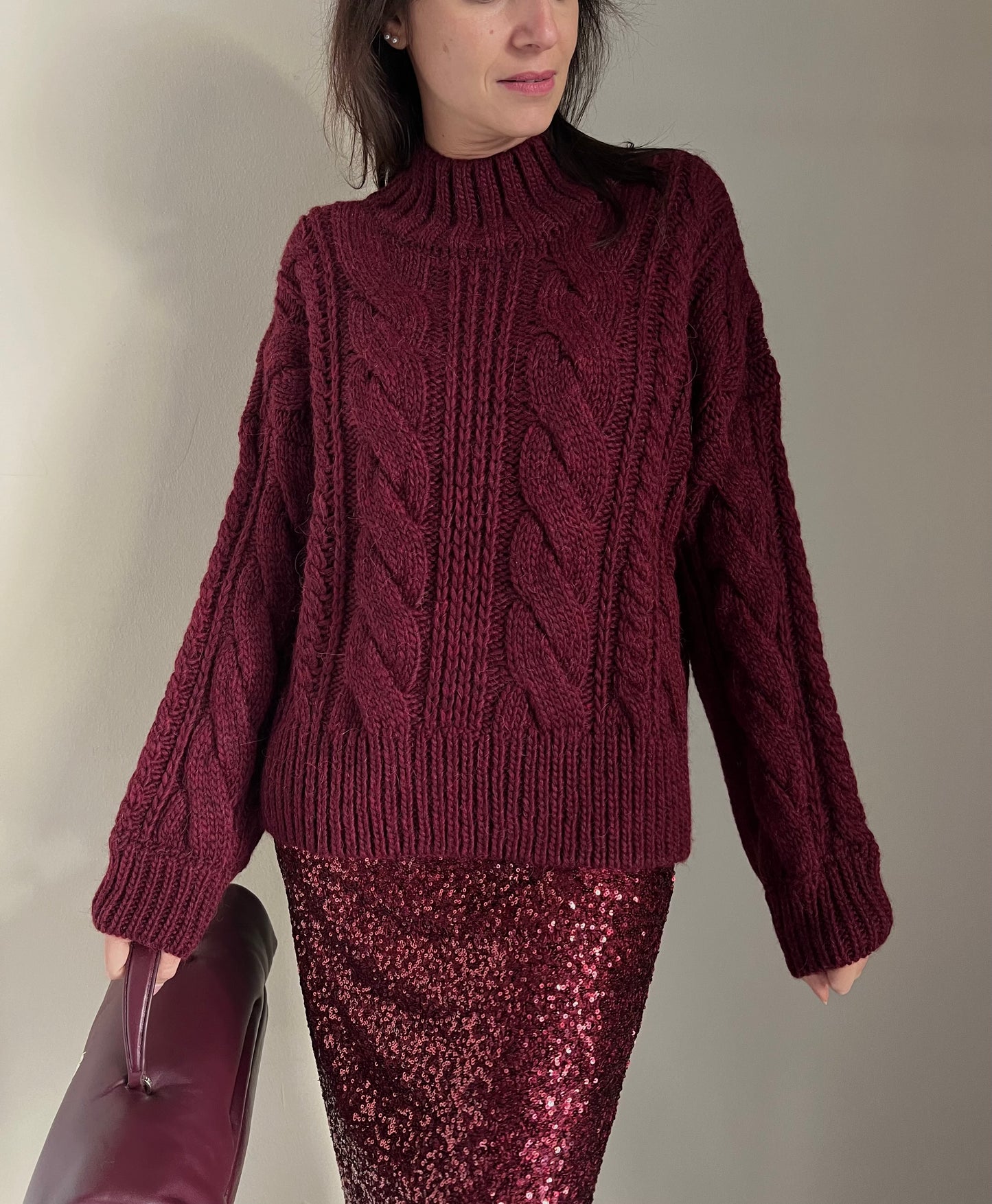 Maglia treccie collo alto Burgundy