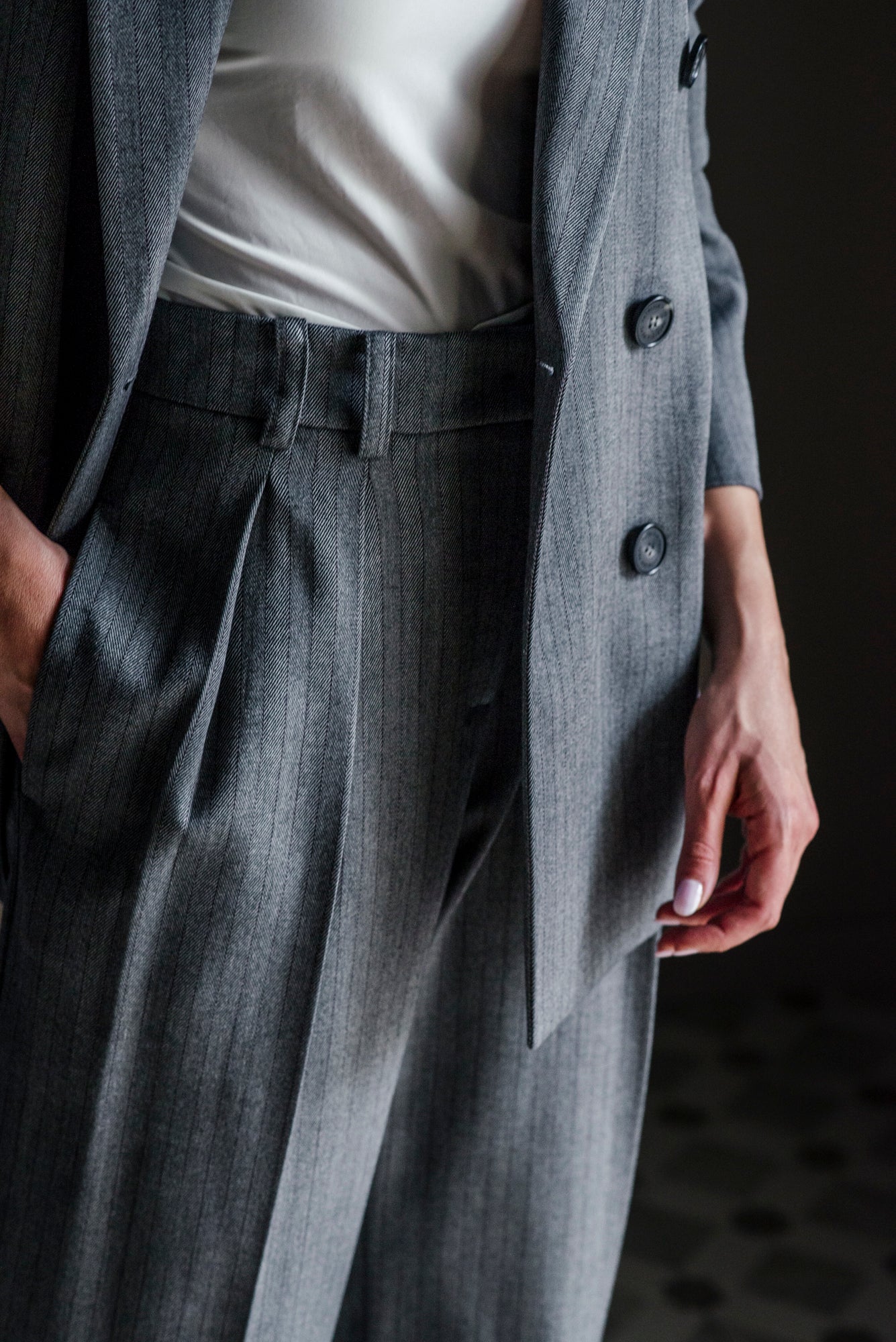 Pantalone gessato wide-leg grigio/marrone