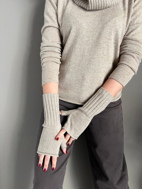 Guanto senza dita in cashmere beige