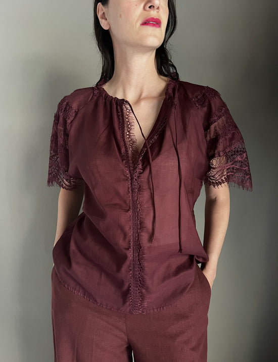 Blusa manica corta con inserti in pizzo