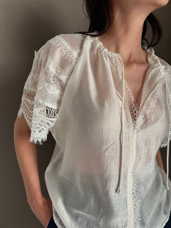 Blusa manica corta con inserti in pizzo cream