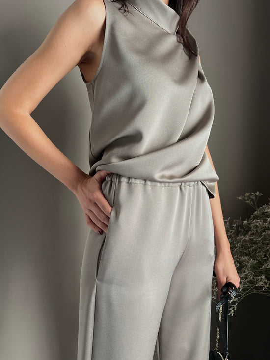 Pantalone palazzo in tessuto lucido taupe