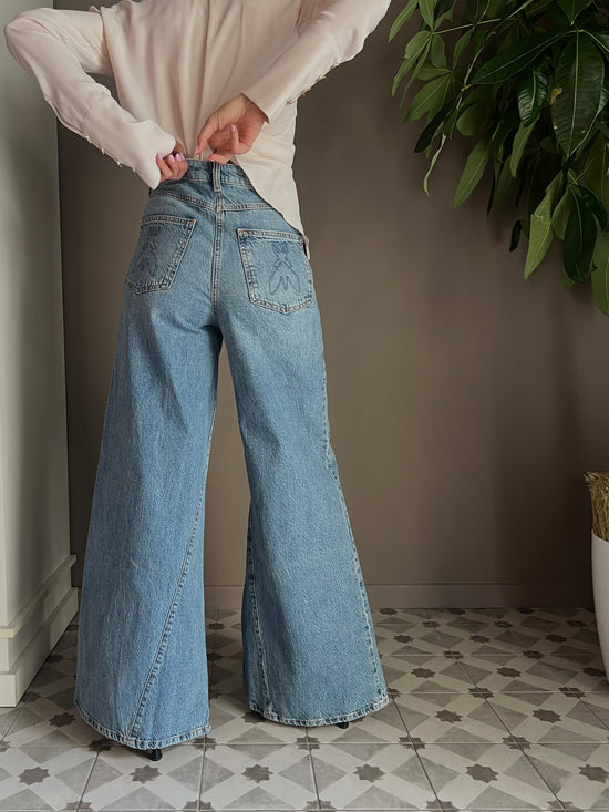 Pantalone denim vita alta gamba larga