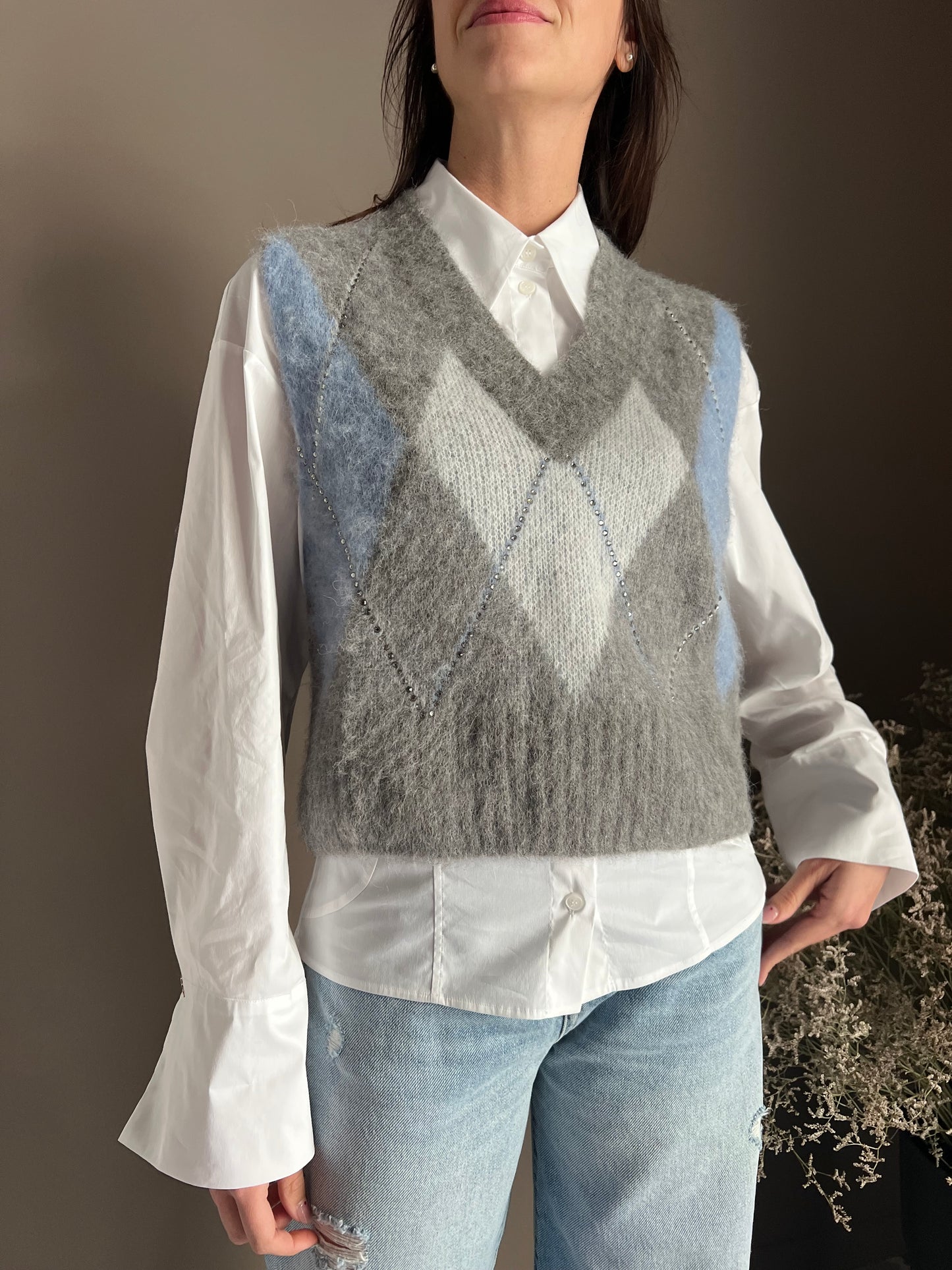 Gilet Oversize in Alpaca e Lana con Motivo Losanghe e Strass