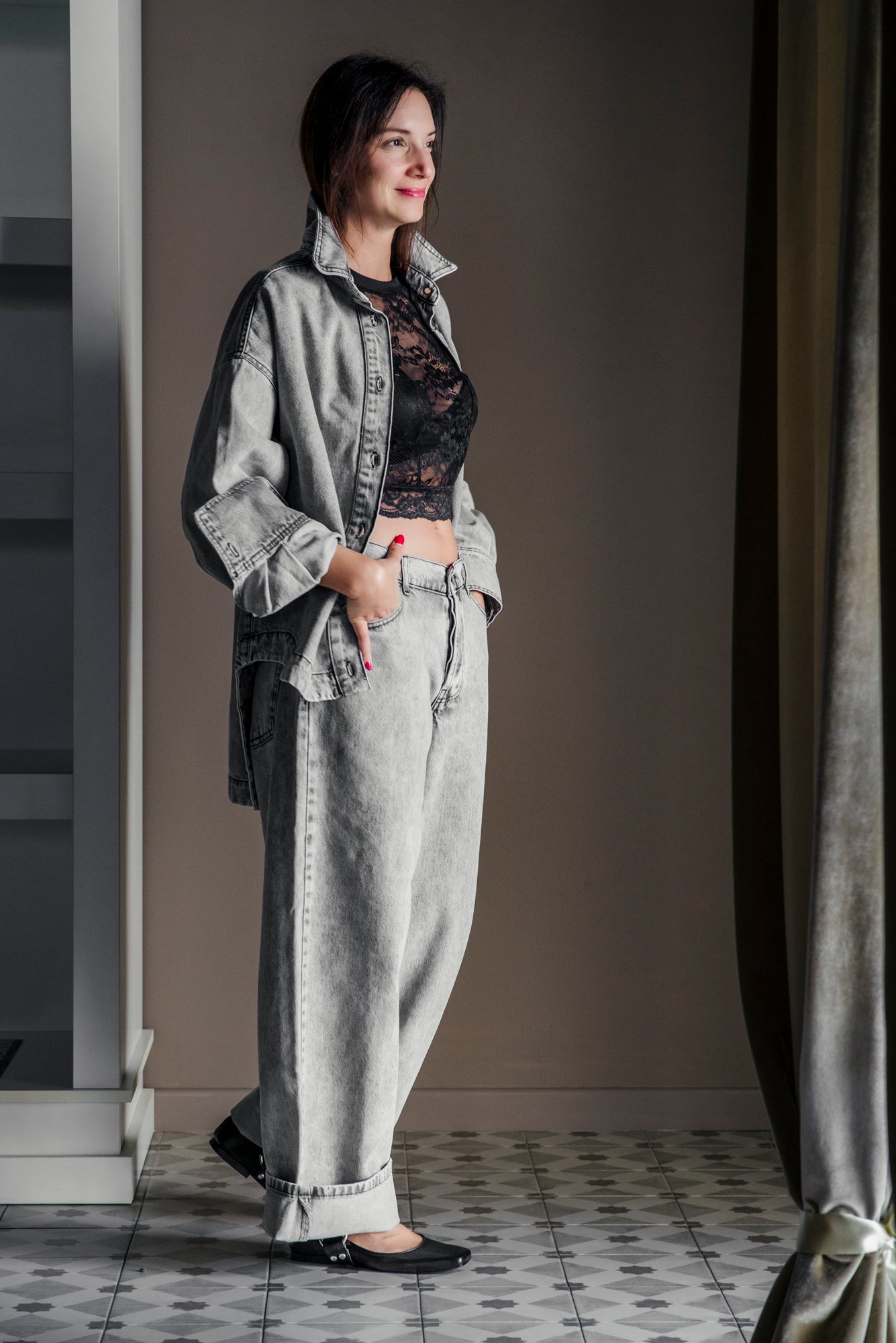 Pantalone denim grigio over