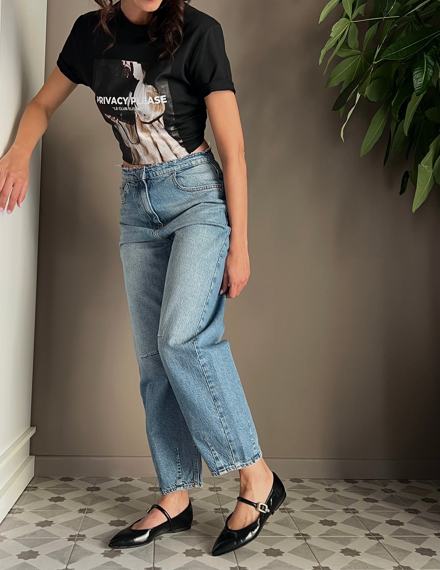 Pantalone denim vita bassa a baloon