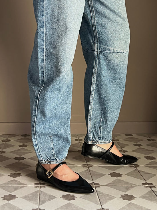 Pantalone denim vita bassa a baloon