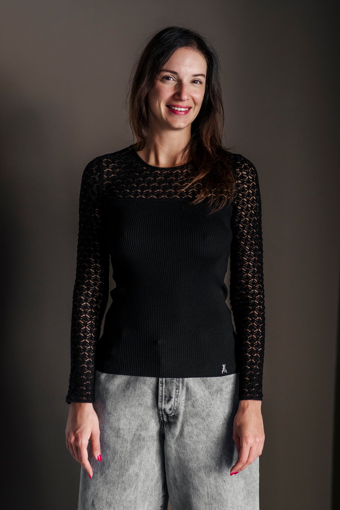 Maglia slim con inserti pizzo francese