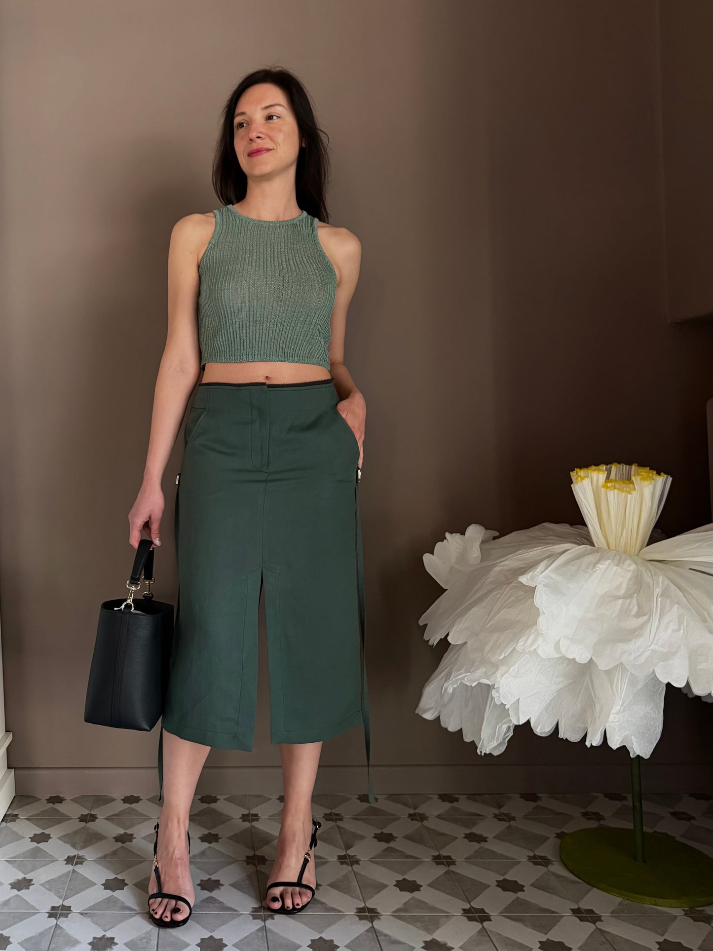 Gonna Midi Patrizia Pepe in Lino e Viscosa – Verde Salvia