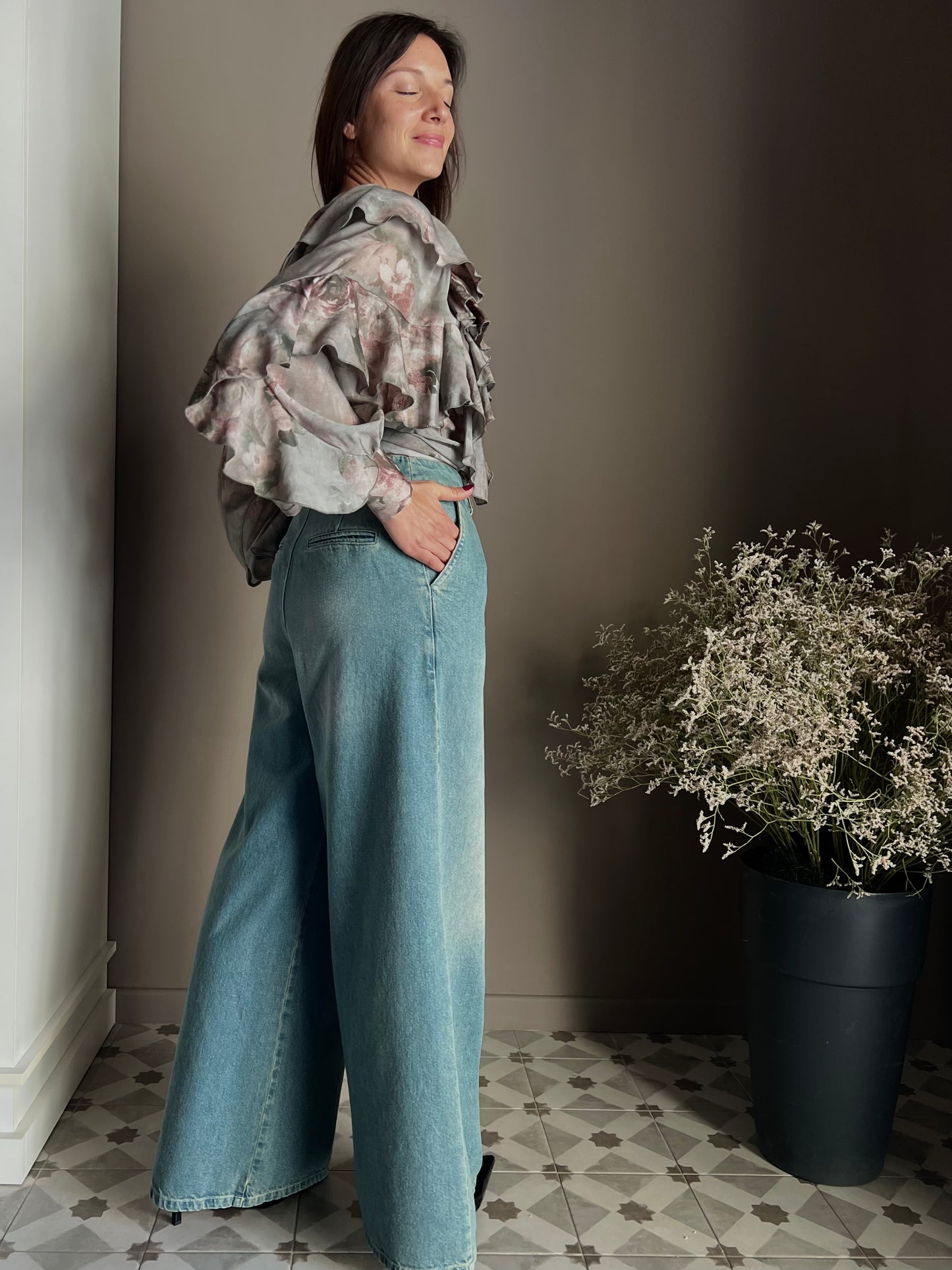 Pantalone denim Wide-Leg con pinces