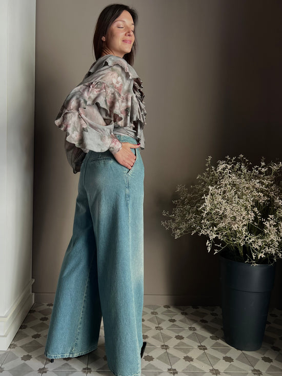 Pantalone denim Wide-Leg con pinces