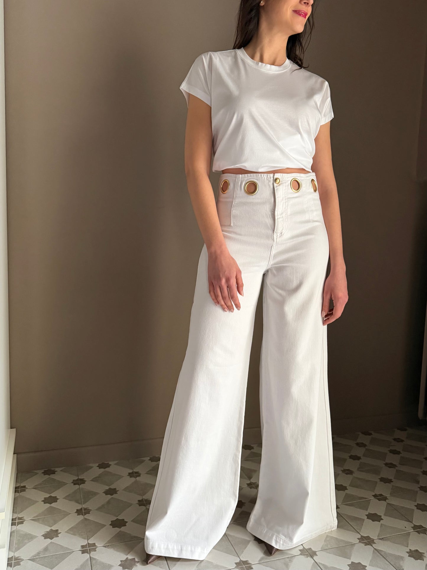 Pantalone a palazzo in drill con dettagli gold