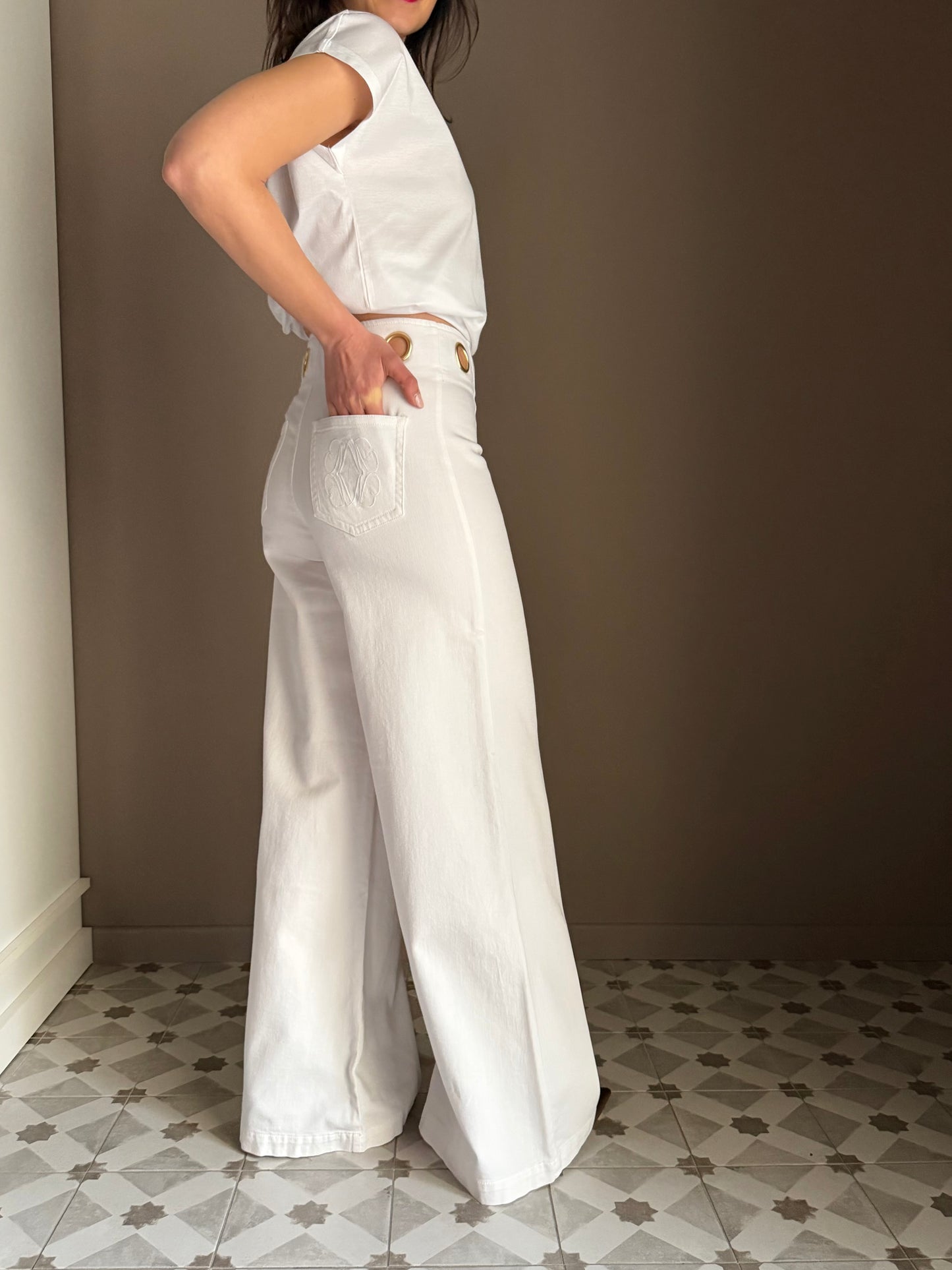 Pantalone a palazzo in drill con dettagli gold