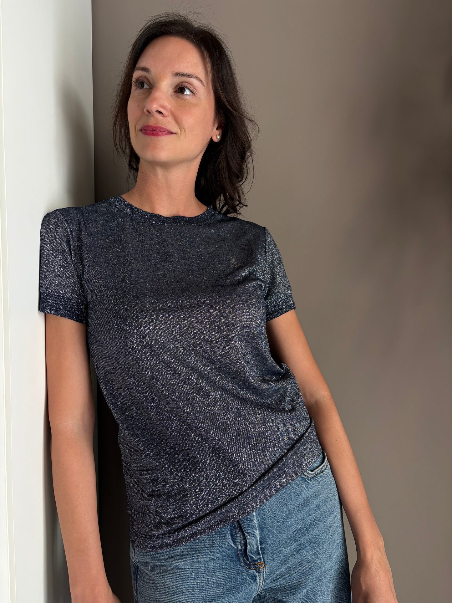 Maglia in viscosa e lurex blue denim