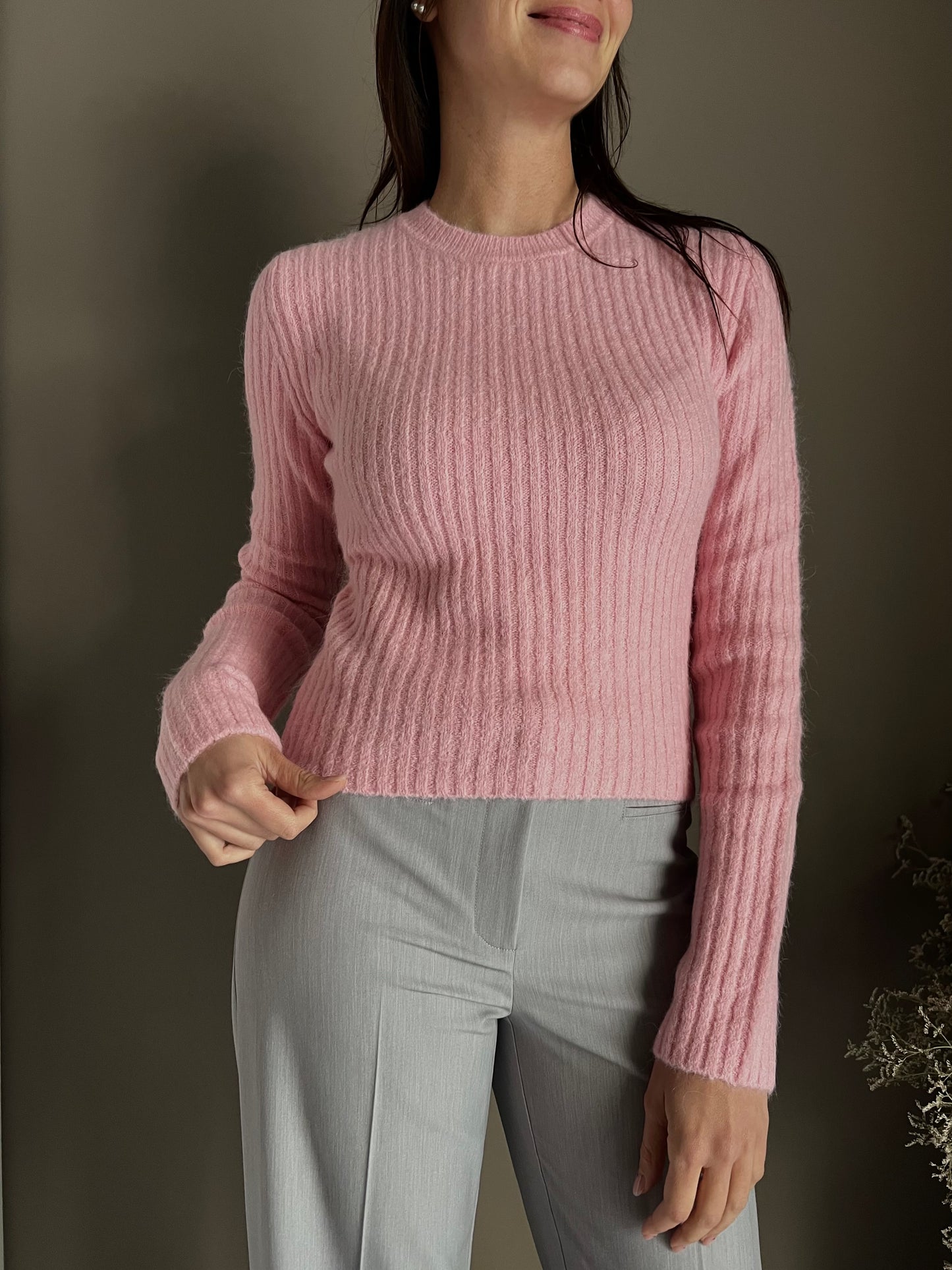 Maglia girocollo slim fit in alpaca Pink
