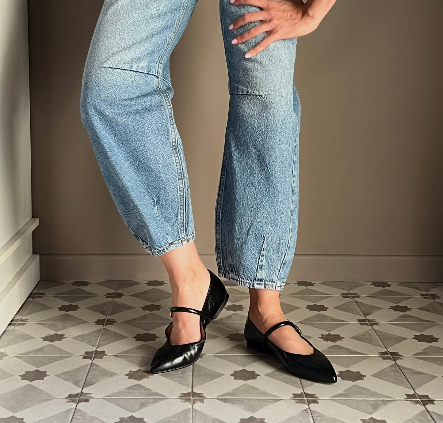 Pantalone denim vita bassa a baloon