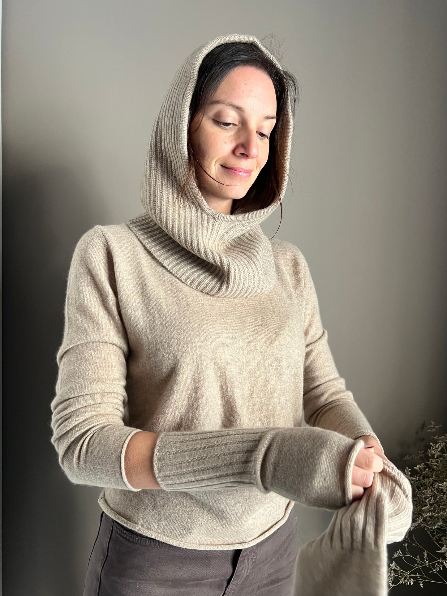 Guanto senza dita in cashmere beige