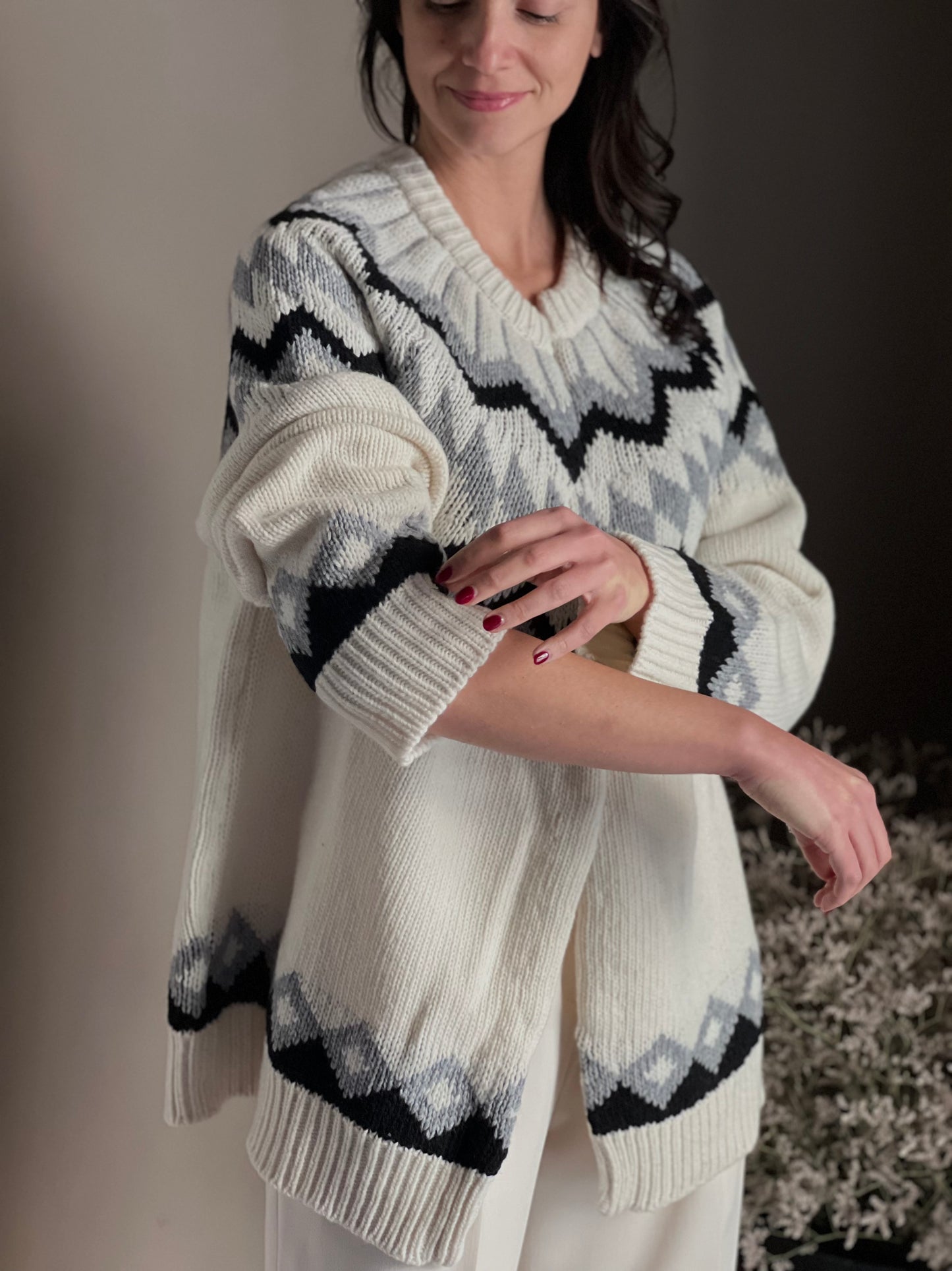 Cardigan in lana con lavorazione nordica