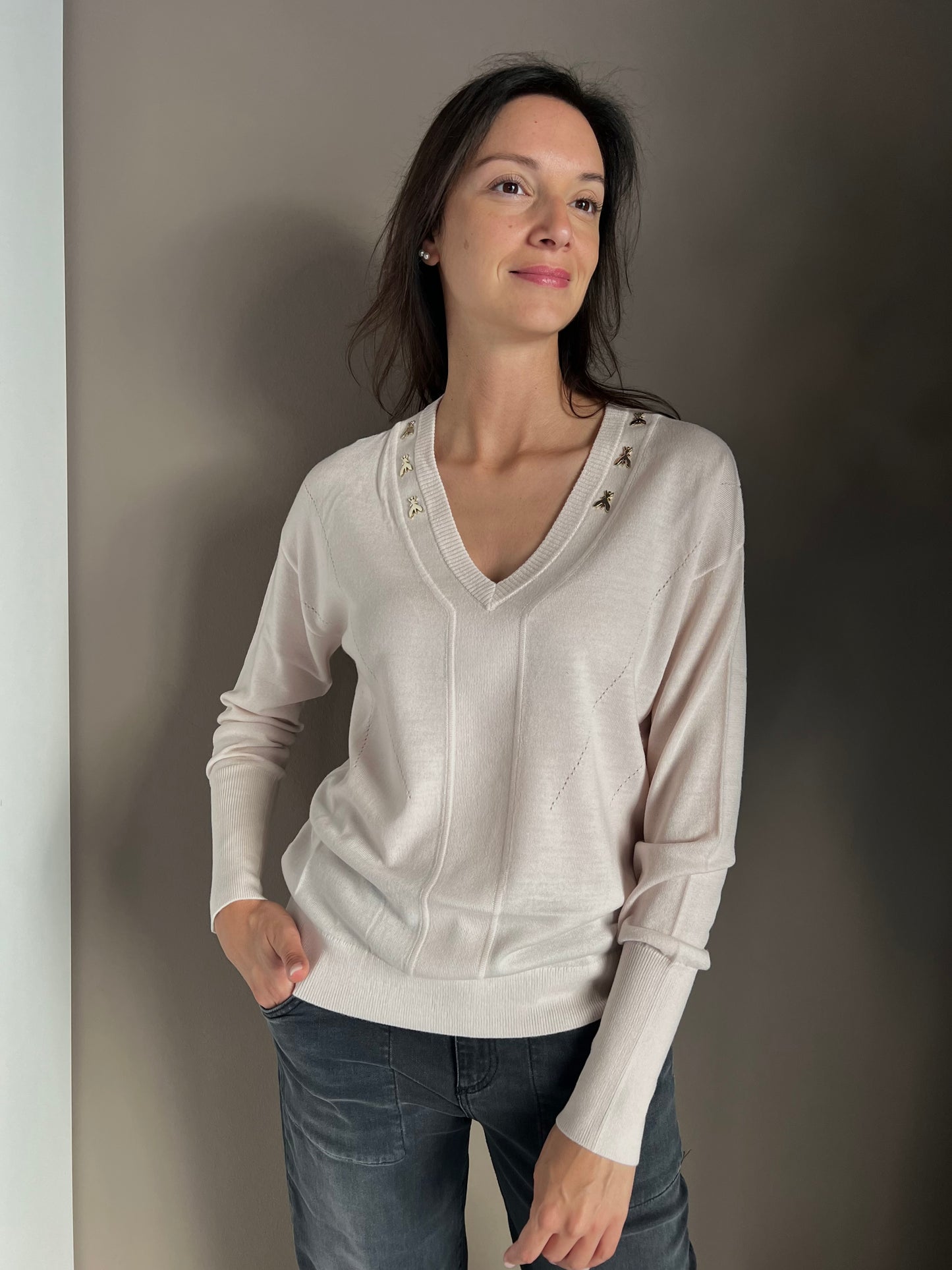 Maglia scollo a V in lana Peach Dust