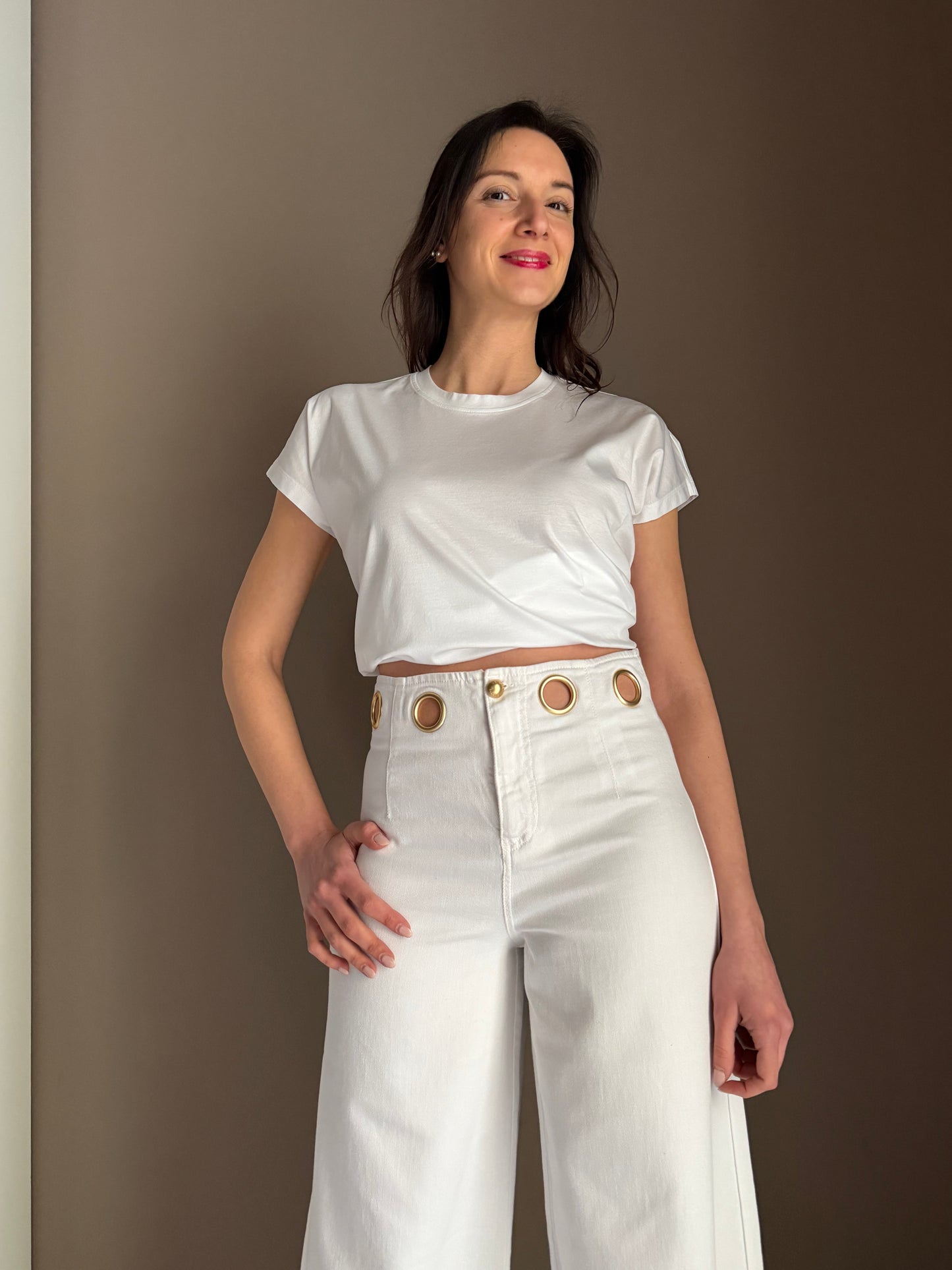 Pantalone a palazzo in drill con dettagli gold