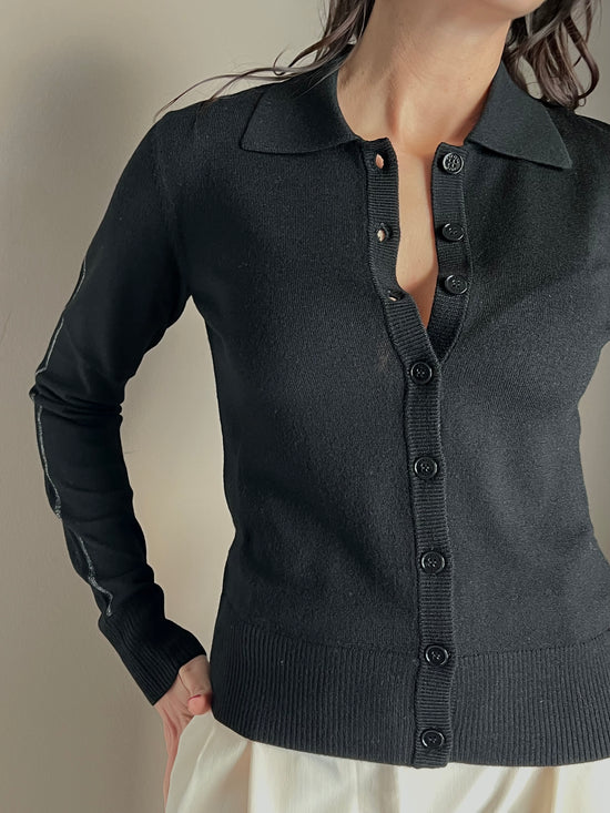 Cardigan in lana  nero con collo a polo