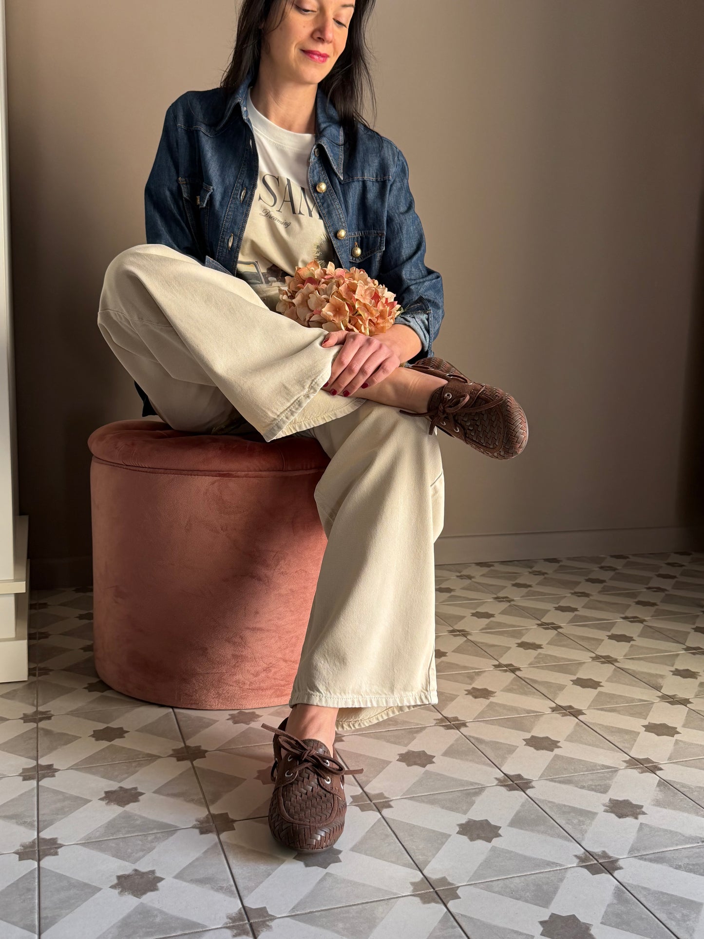 Mocassino in pelle intrecciato e suede