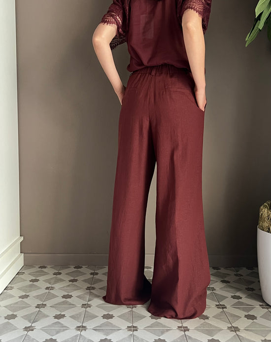 Pantalone in lino e viscosa henné