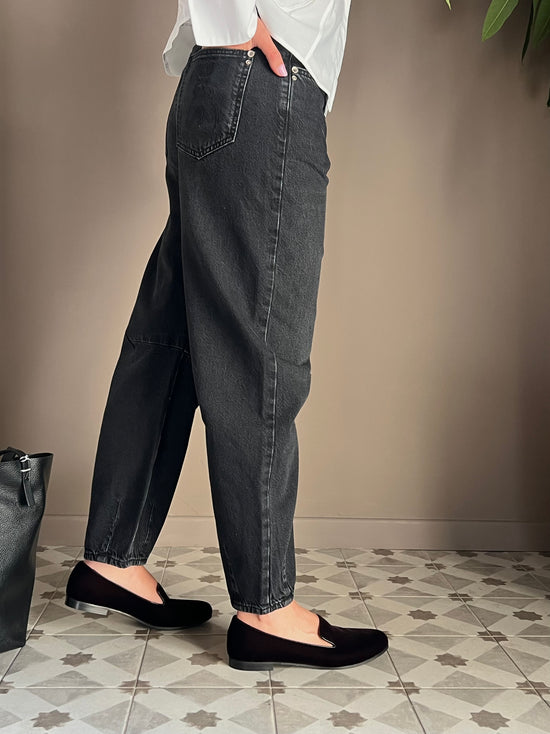 Pantalone denim vita bassa baloon Nero