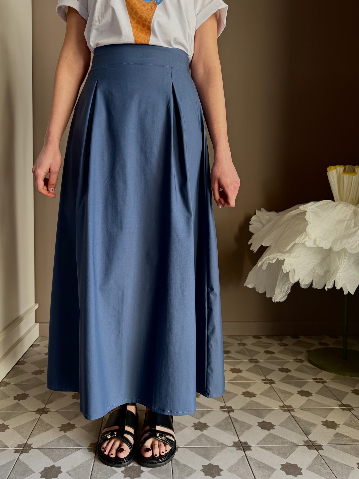 Gonna lunga in popeline di cotone blu