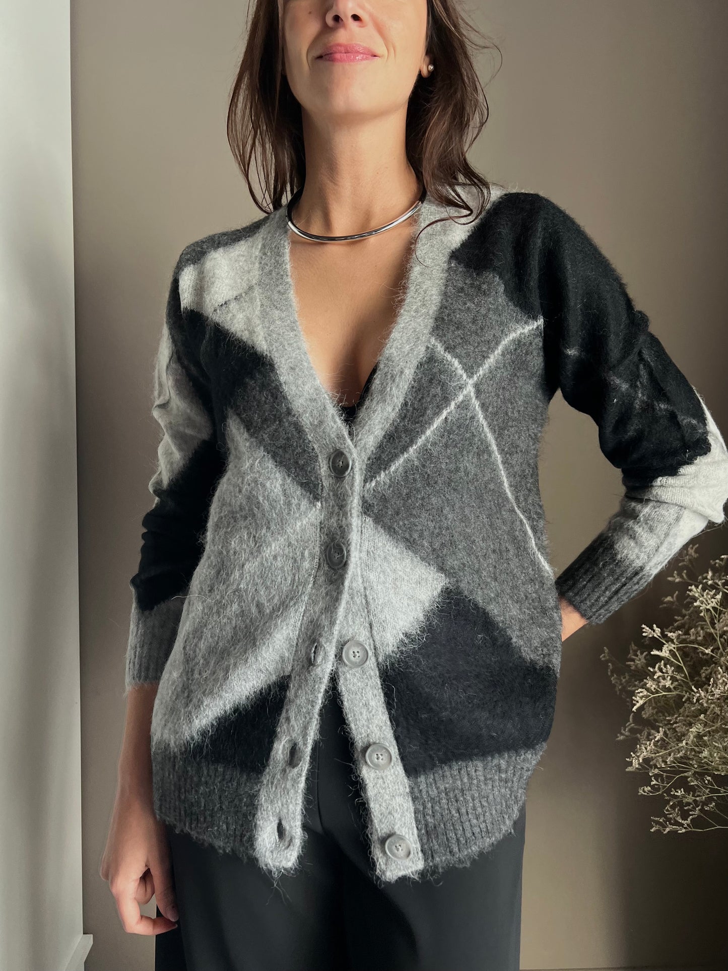 Cardigan losanghe in misto lana e Alpaca