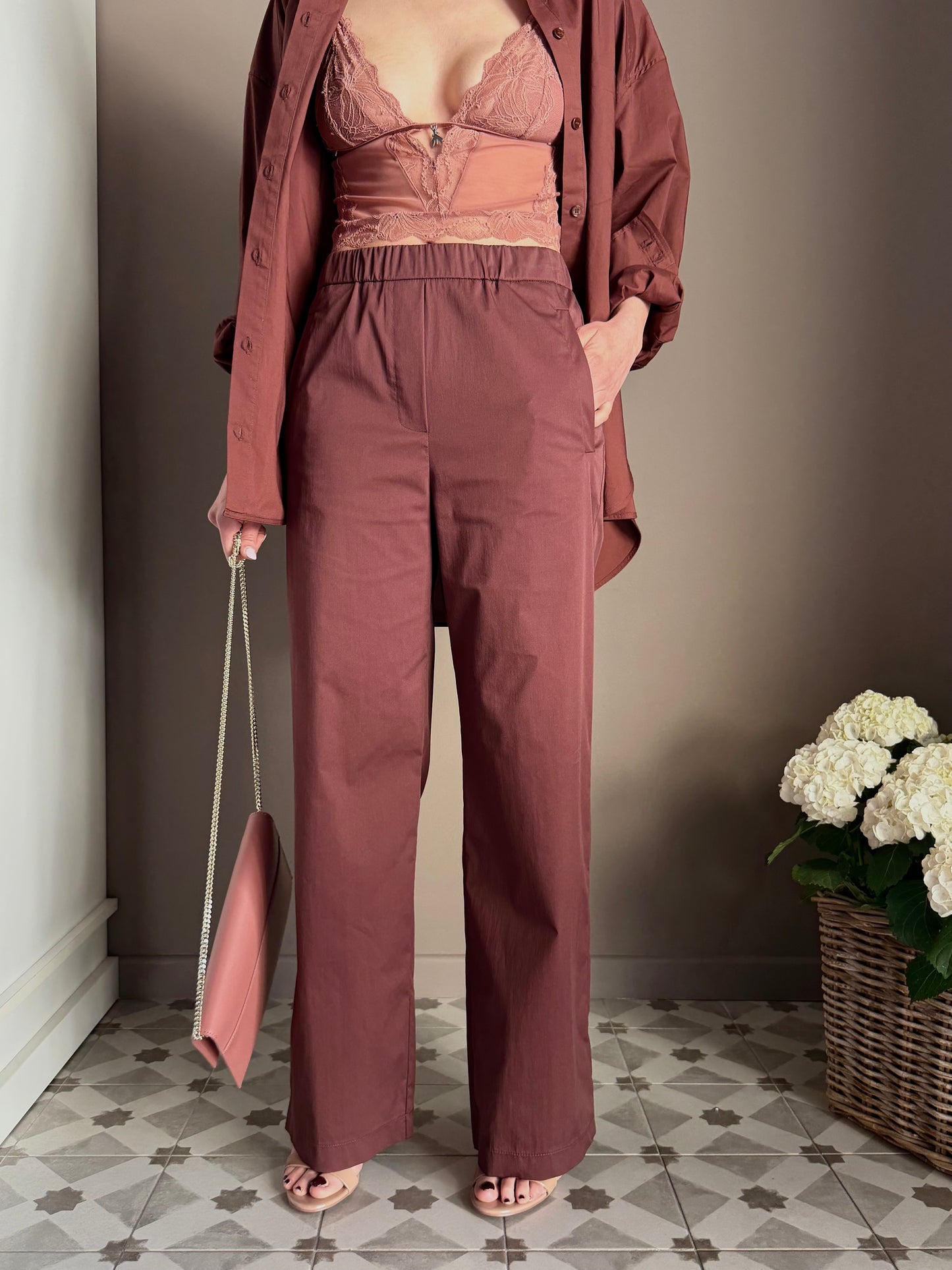 Pantalone in popeline con elastico Brown