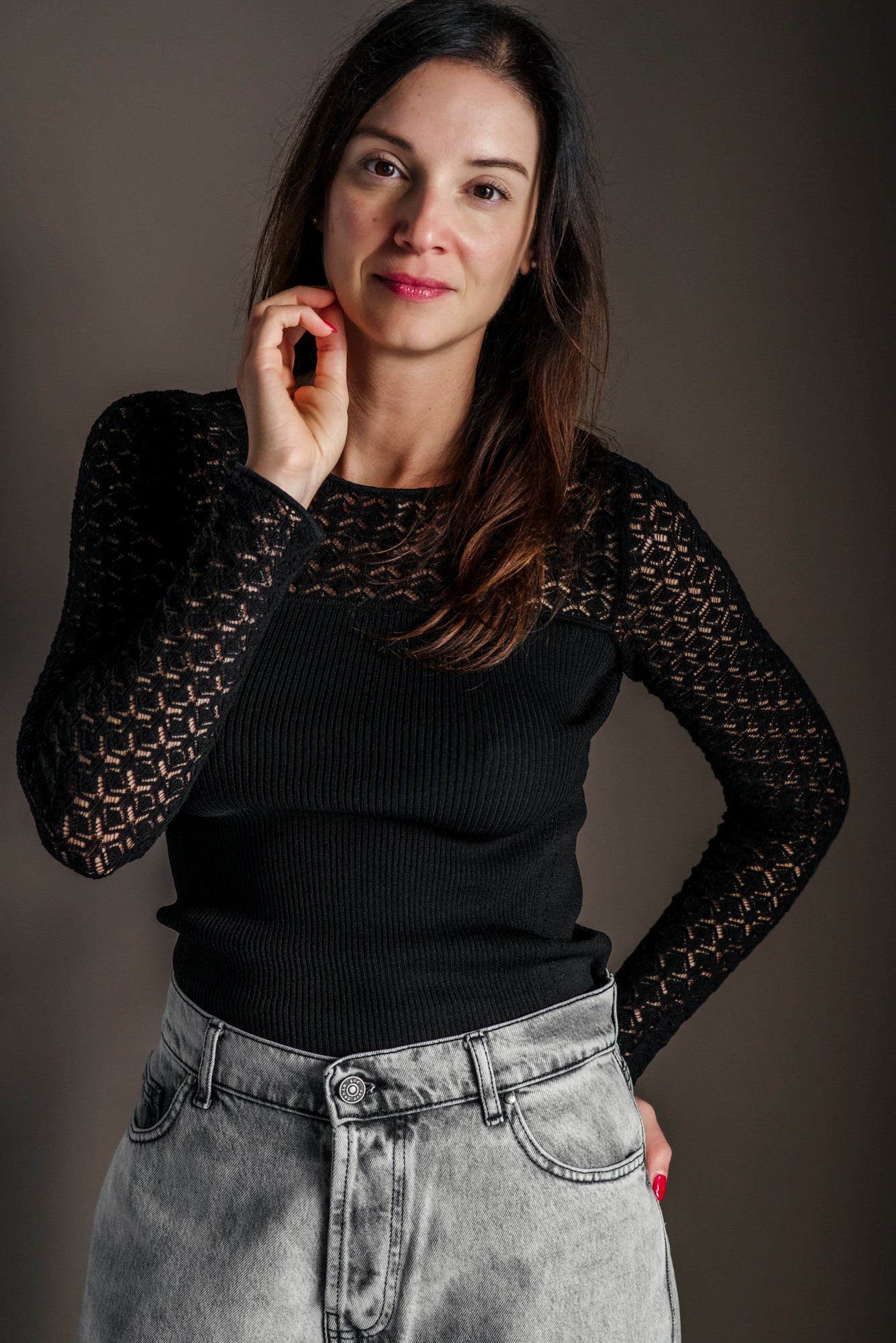 Maglia slim con inserti pizzo francese
