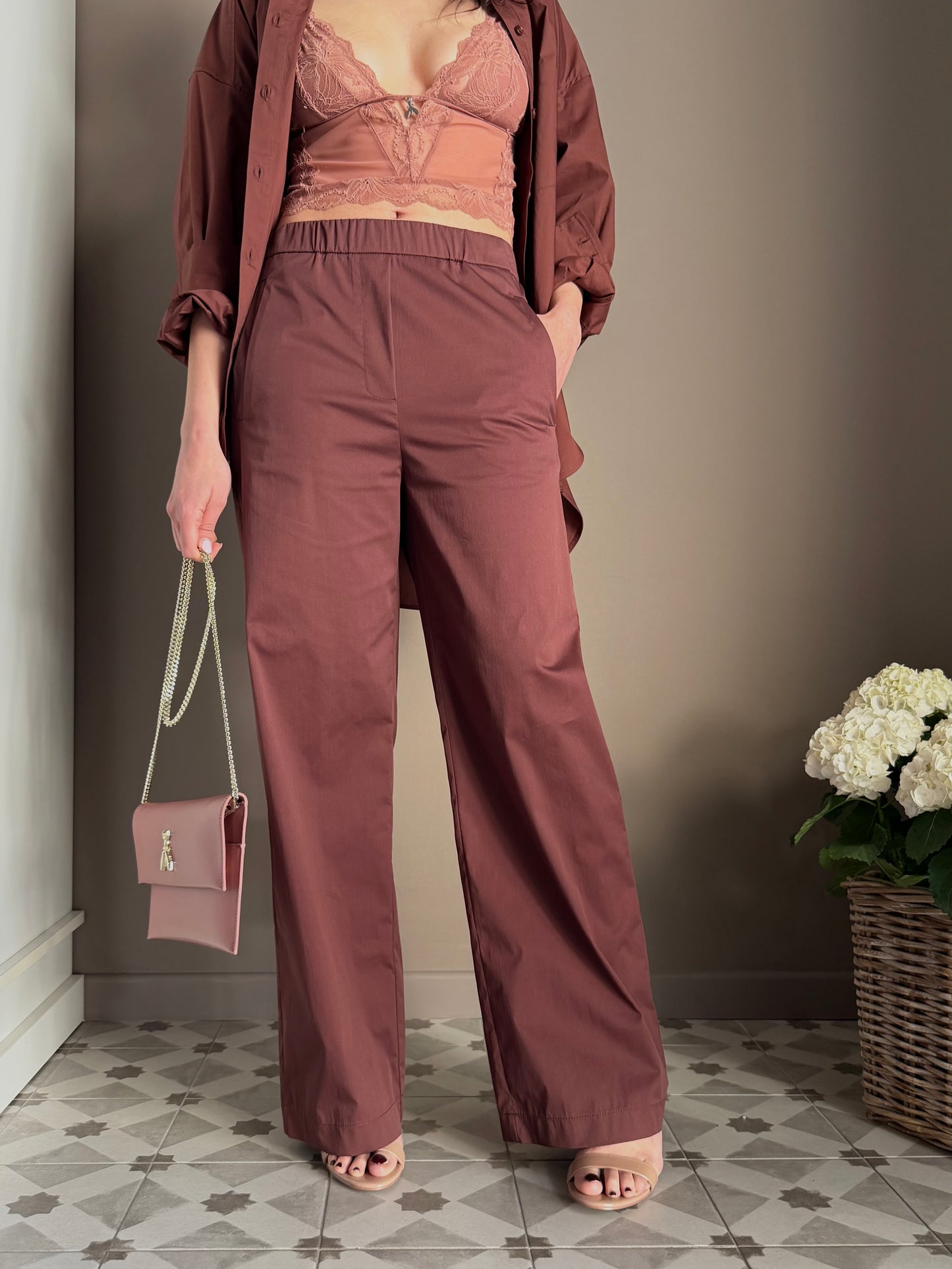 Pantalone in popeline con elastico Brown