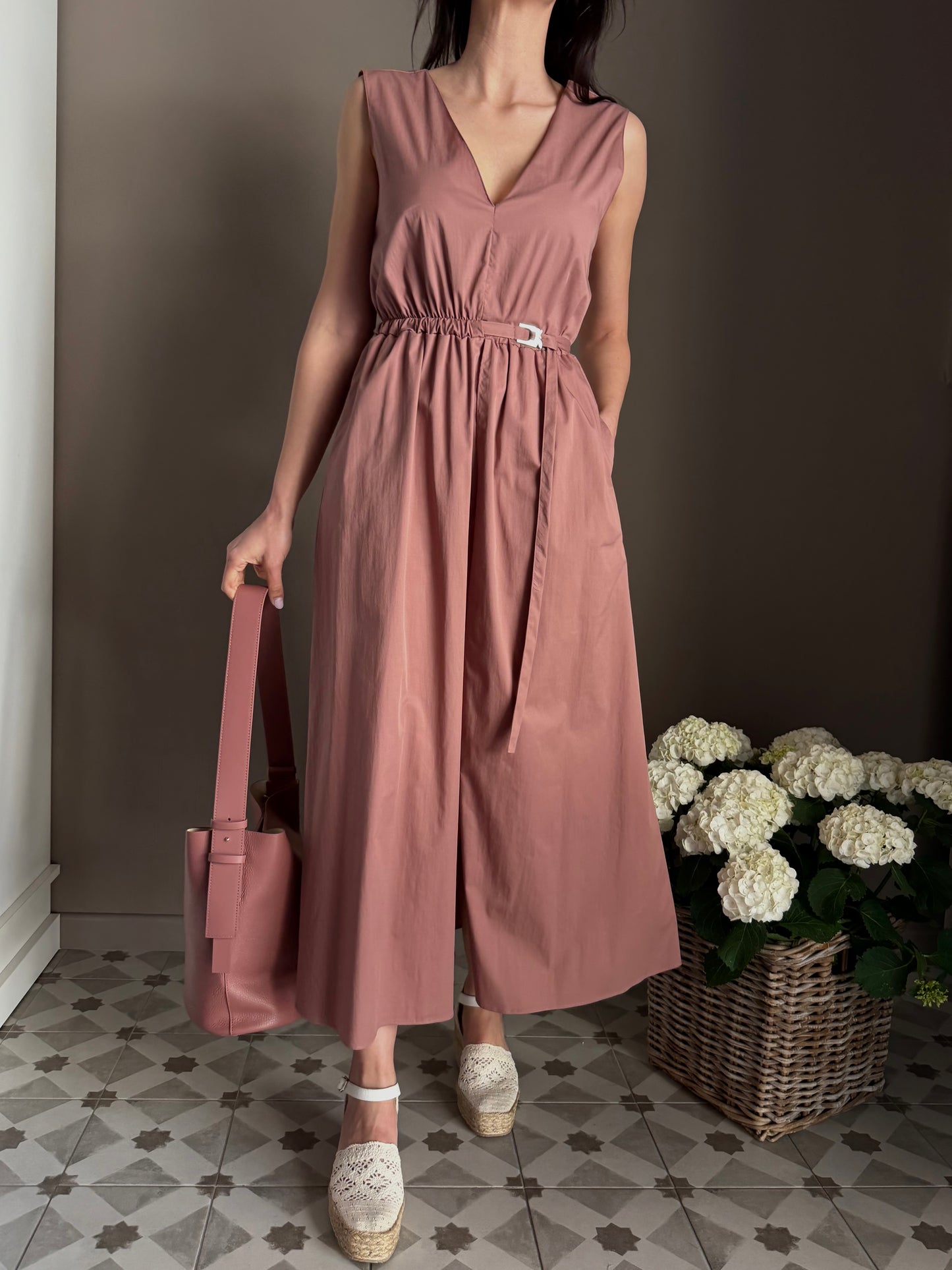 Abito midi in popeline di cotone terracotta