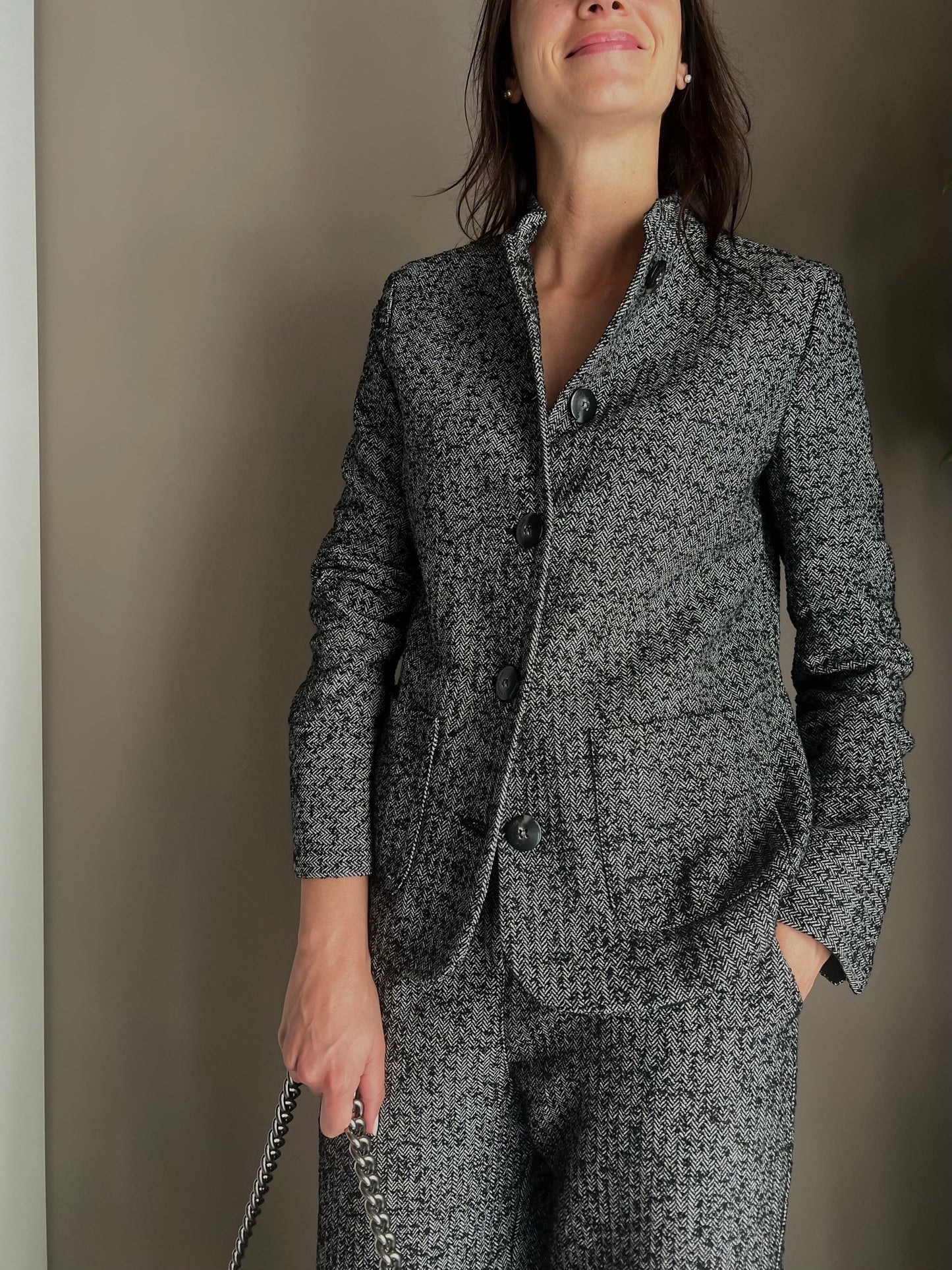 Giacca in tweed con collo alla coreana