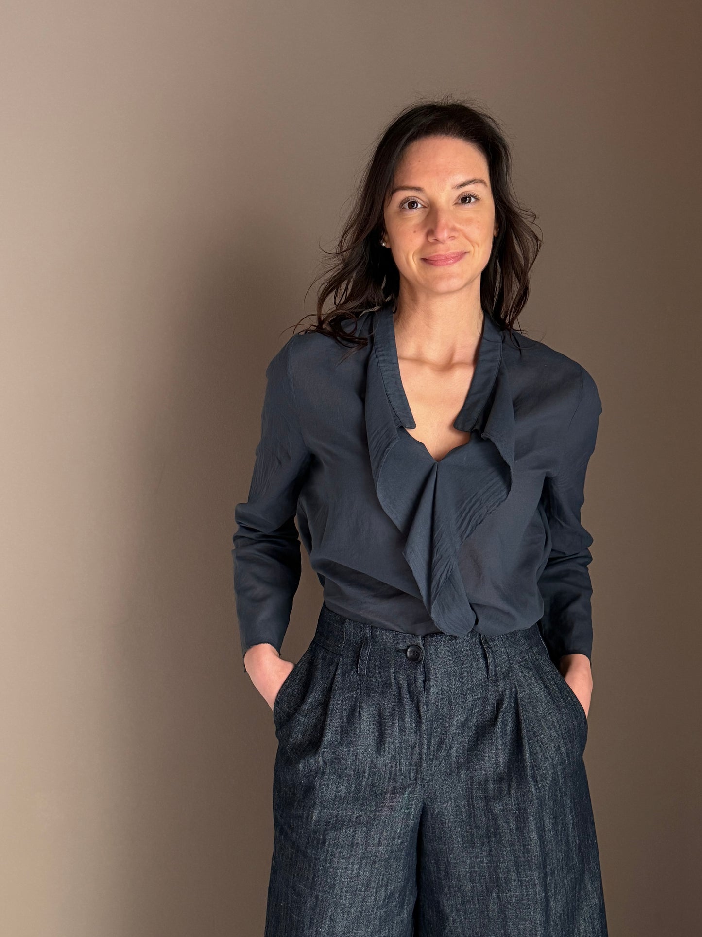 Blusa in cotone garzato con rouches