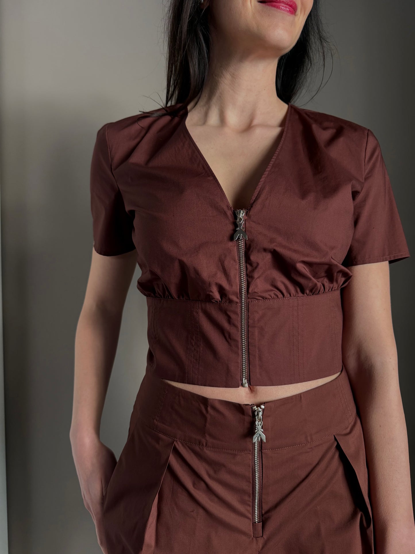 Top Cropped in Popeline di Cotone Brown