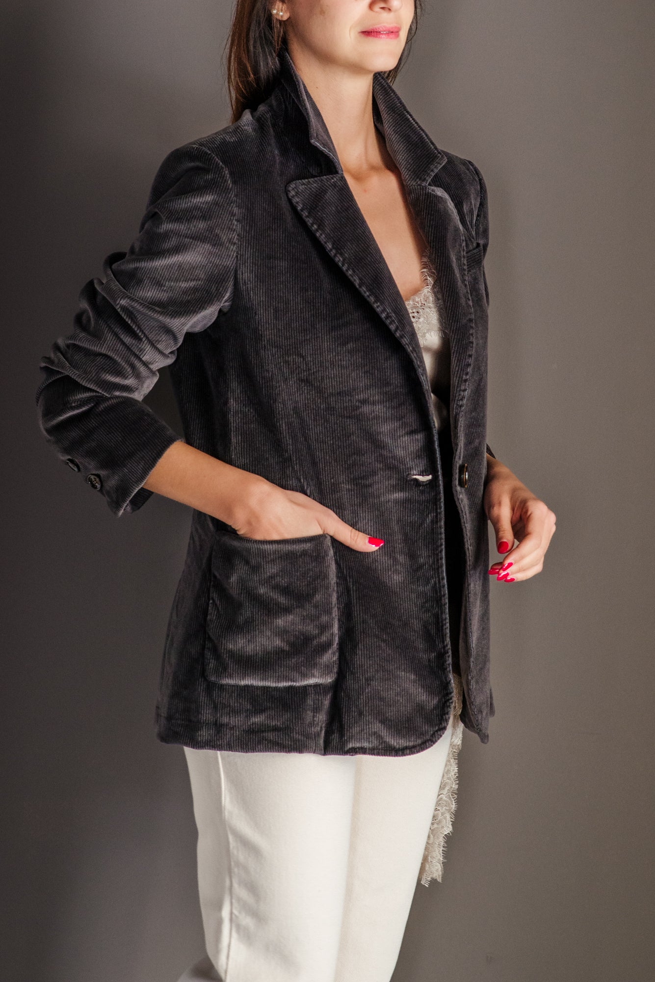 Giacca blazer in velluto rigato-moro