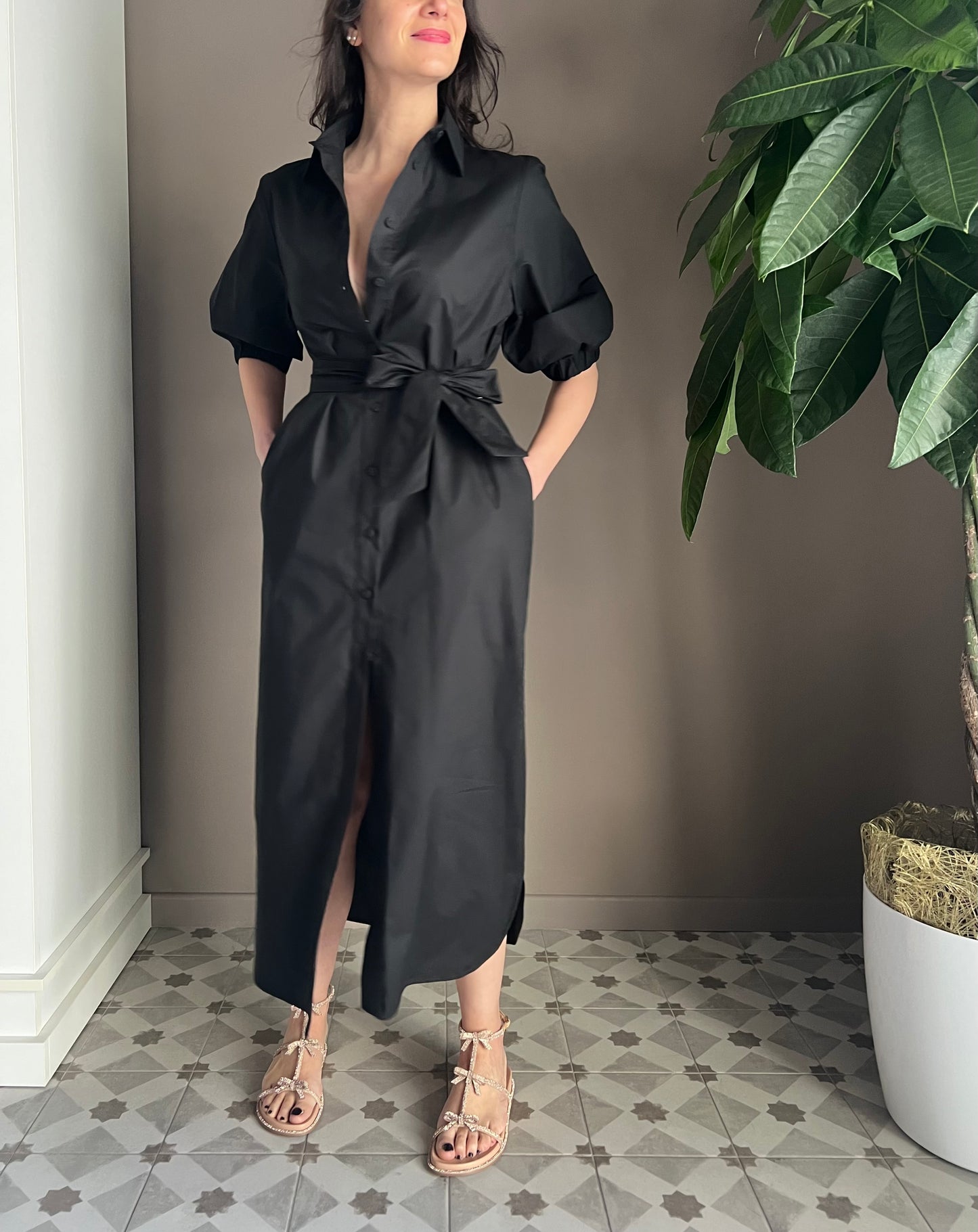 Abito chemisier in cotone nero