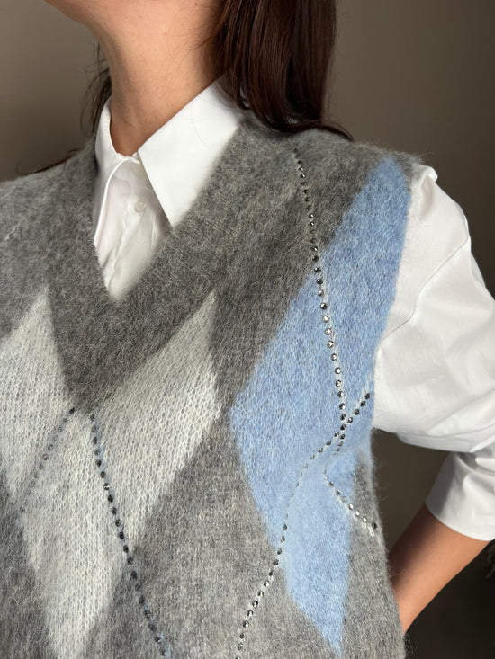 Gilet Oversize in Alpaca e Lana con Motivo Losanghe e Strass