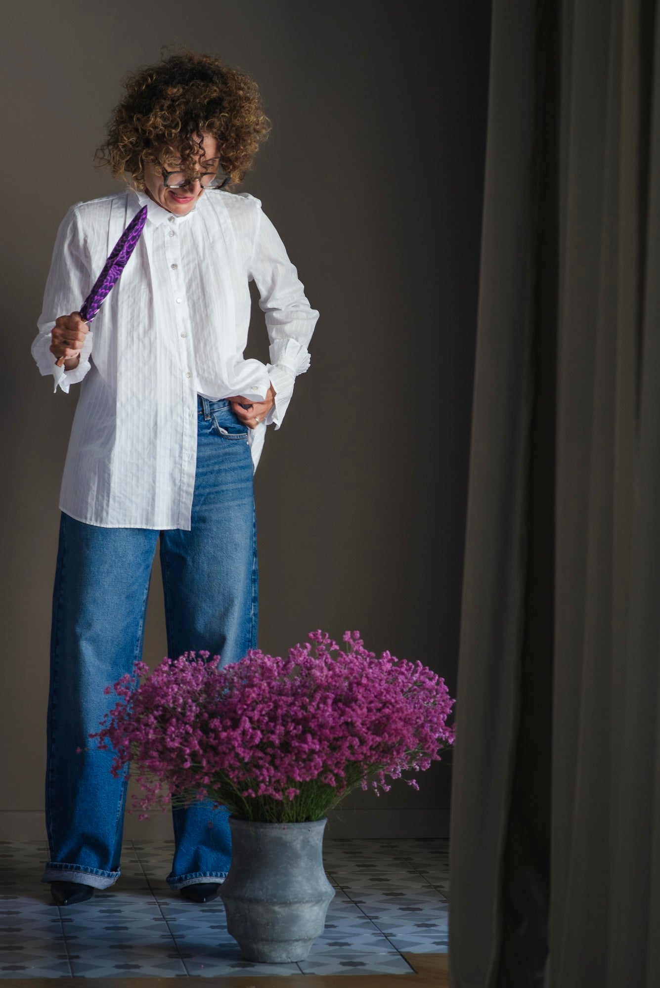 Camicia in cotone svasata con dettagli plisse bianca