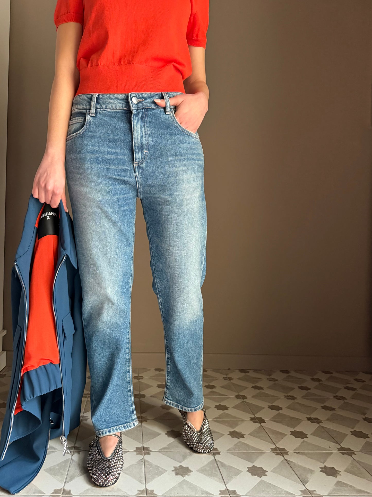 Pantalone denim straight vita bassa