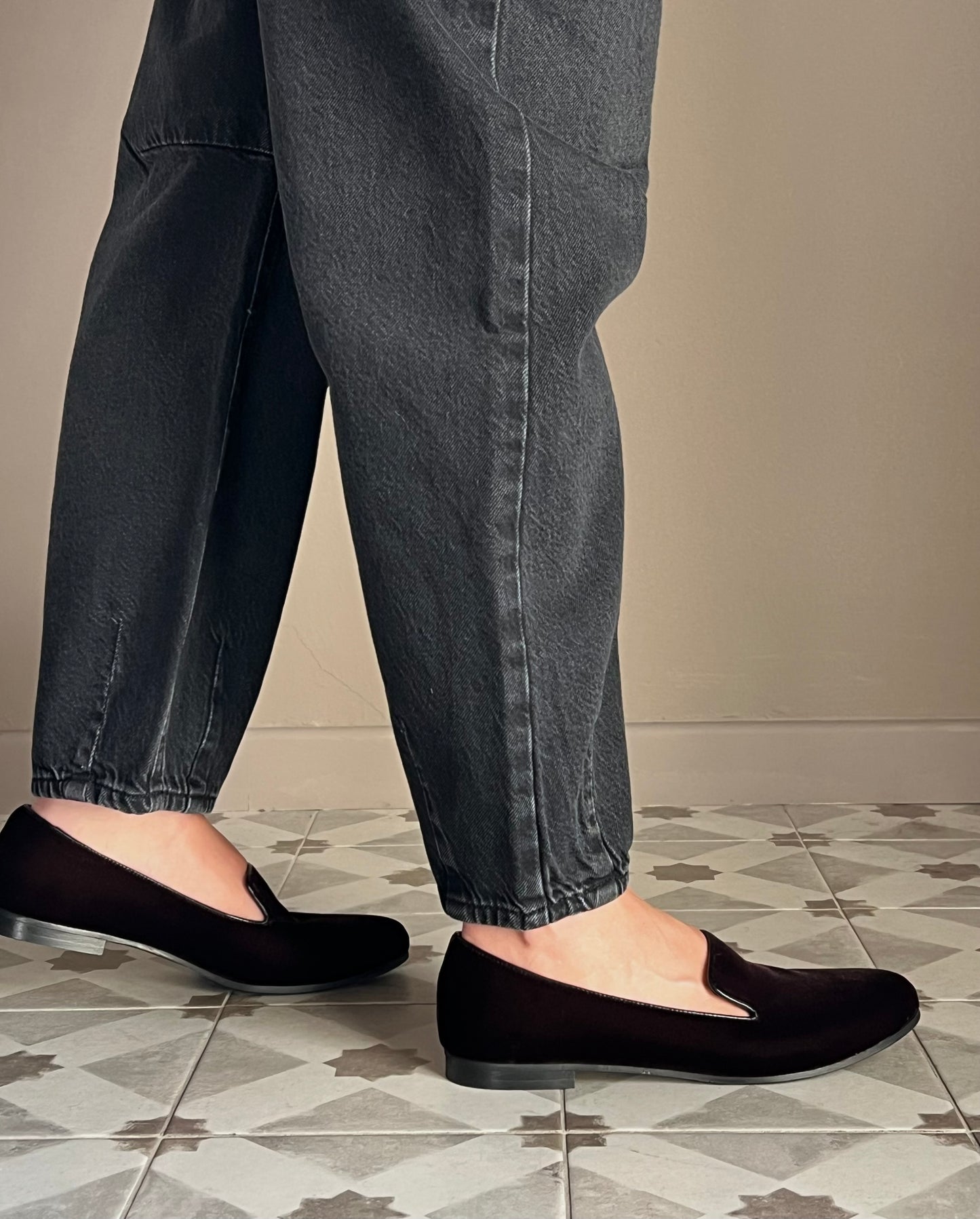 Pantalone denim vita bassa baloon Nero
