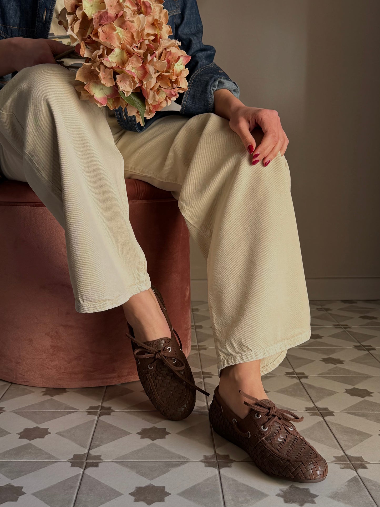 Mocassino in pelle intrecciato e suede