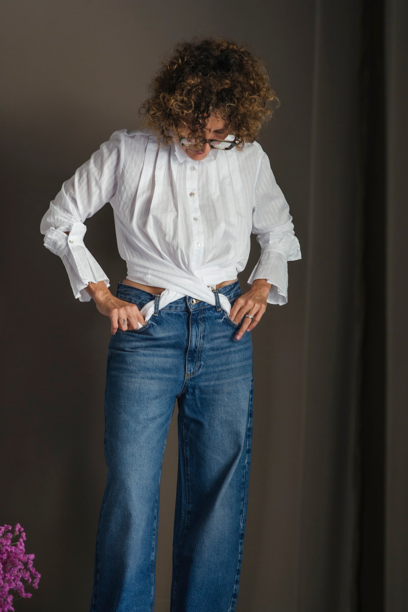 Pantalone denim gamba larga in cotone riciclato