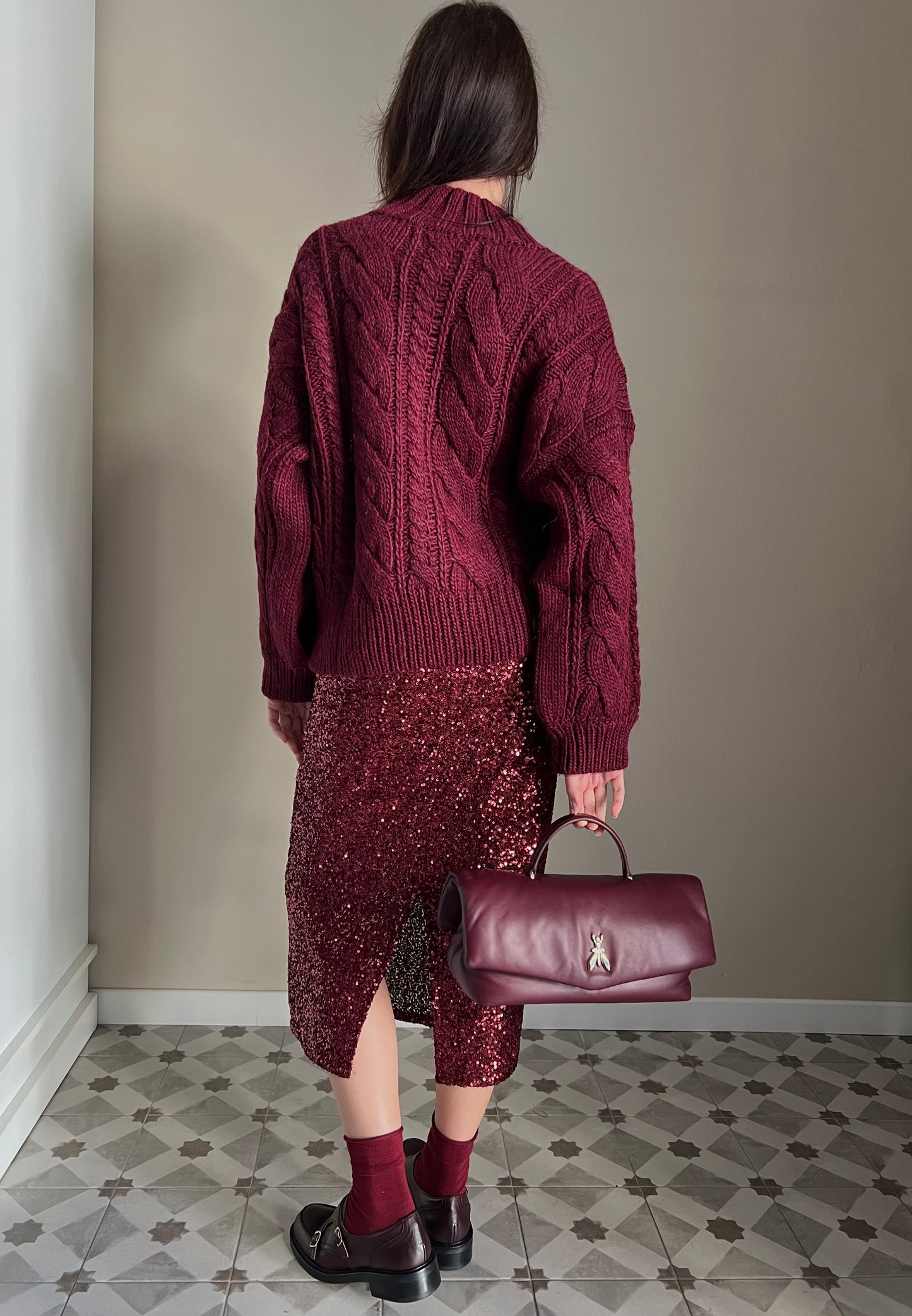 Maglia treccie collo alto Burgundy